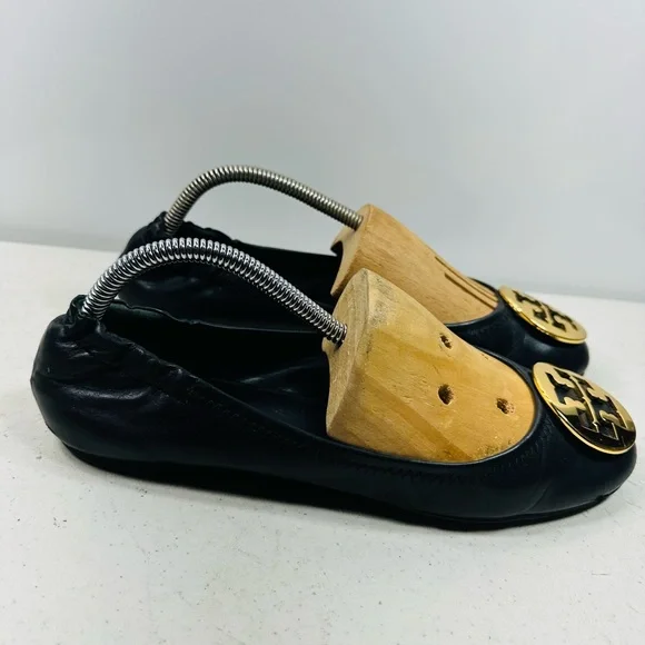TORY BURCH BLACK LEATHER GOLD REVA BALLET FLATS SZ 9 - Picture 3 of 6
